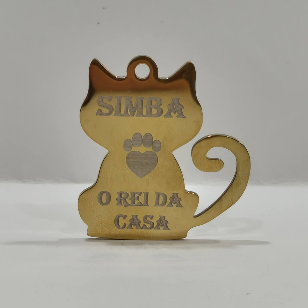 Placa gato dourado para identificação pets laser gravada