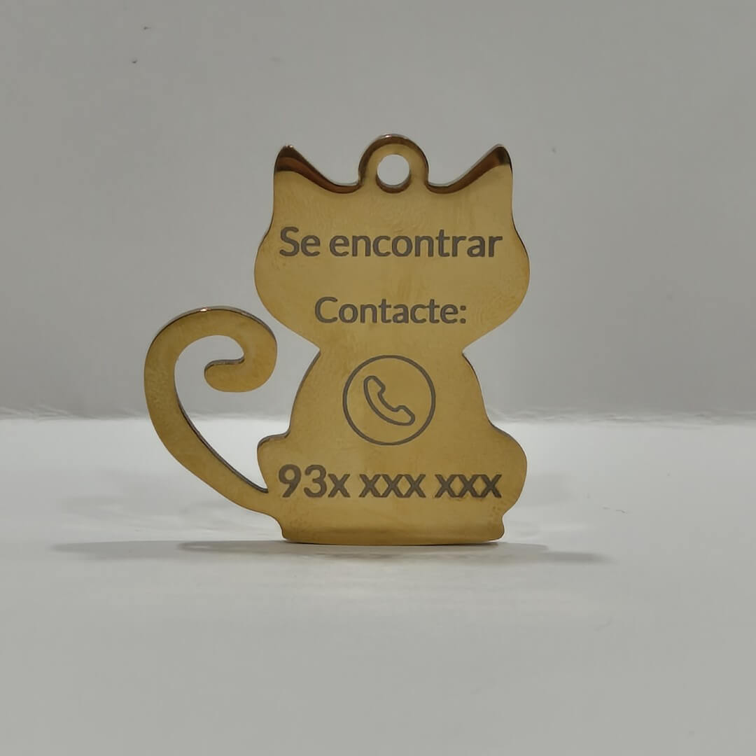 Placa gato dourado para identificação pets laser gravada